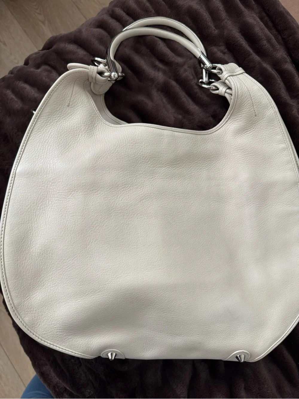 Vintage Christian Dior D White Leather Hobo Bag Silver Hardware